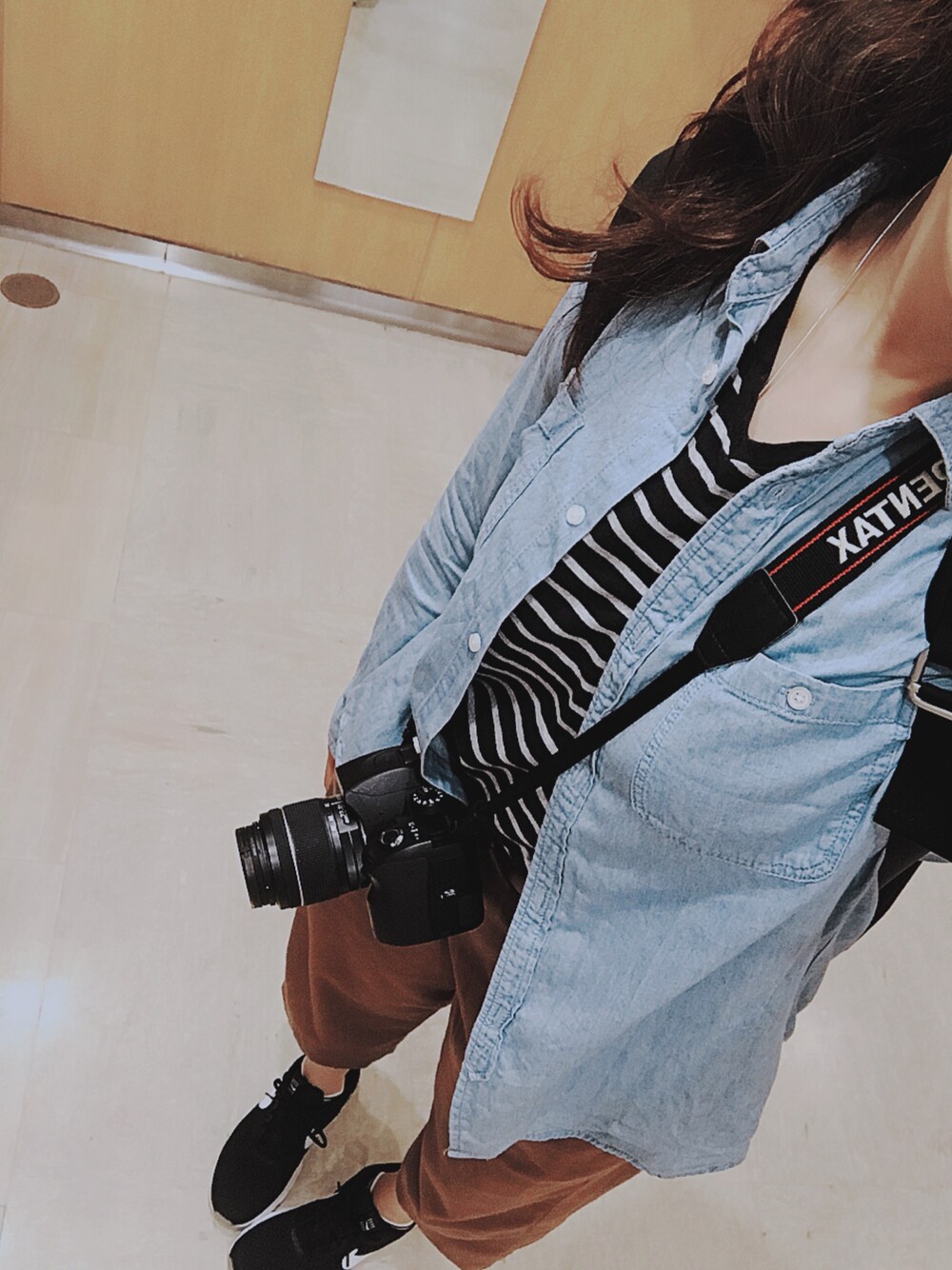「プチプラ、プチプラコーデ、おデブコーデ、おデブ、カジュアル、ラフ、カメラ女子」｜「marimekkoのmarimekko Metro バックパック（バックパック/リュック、ブラック系）」を使った、えび@えび松さん（レディース・158cm）の秋コーディネートの1枚目の写真