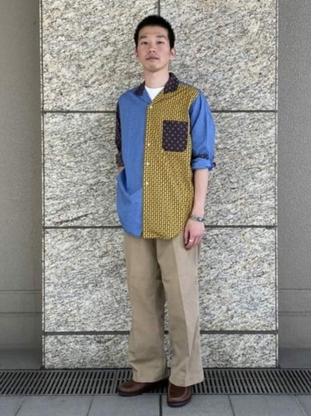 「ミリタリー、ローファー、別注、BEAMS、beams plus、クレイジーパターン、ミリタリーパンツ、ビームスプラス、オープンカラーシャツ、パネル柄」｜「BEAMS PLUSのBEAMS PLUS / オープンカラー ドビーペイズリープリント クラシックフィットシャツ（シャツ/ブラウス、その他）」を使った、BEAMS PLUSさん（メンズ・168cm）の夏コーディネートの1枚目の写真