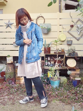 「スリットパンツ」｜「アイテム（デニムジャケット）」を使った、-mai-さん（レディース・158cm）の冬コーディネート