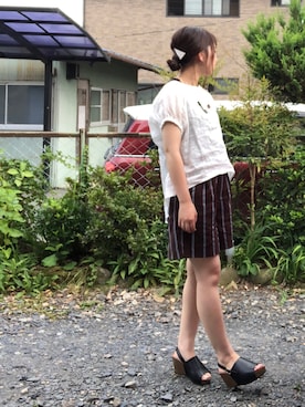 「KBF（ケイビーエフ）のフランダースリネンブラウス（シャツ/ブラウス、ホワイト系）」を使った、HIGANOさん（レディース・154cm）の夏コーディネート