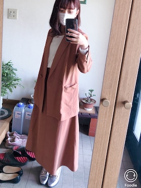 「KBF+（ケービーエフプラス）のKBF+　SETUPダブルジャケット（テーラードジャケット、オレンジ系）」を使った、HIGANOさん（レディース・154cm）の春コーディネート