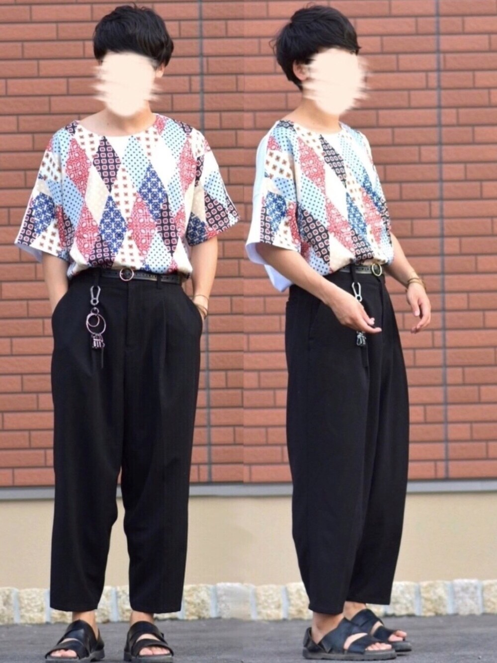 「タックイン、韓国ファッション、ワイドパンツ、柄シャツ、サンダル、夏だ！Tシャツ着よう！」｜「STAYFUNのARGYLE柄ビッグT（Tシャツ/カットソー、ホワイト系）」を使った、Taka✼さん（メンズ・175cm）の夏コーディネートの1枚目の写真