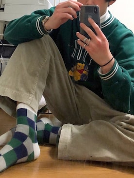 「アイテム（ソックス/靴下、グリーン系）」を使った、風さん（メンズ・176cm）の冬コーディネート