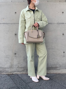 「アイテム（デニムジャケット、グリーン系）」を使った、hamanoirodori01さん（レディース・152cm）の春コーディネート