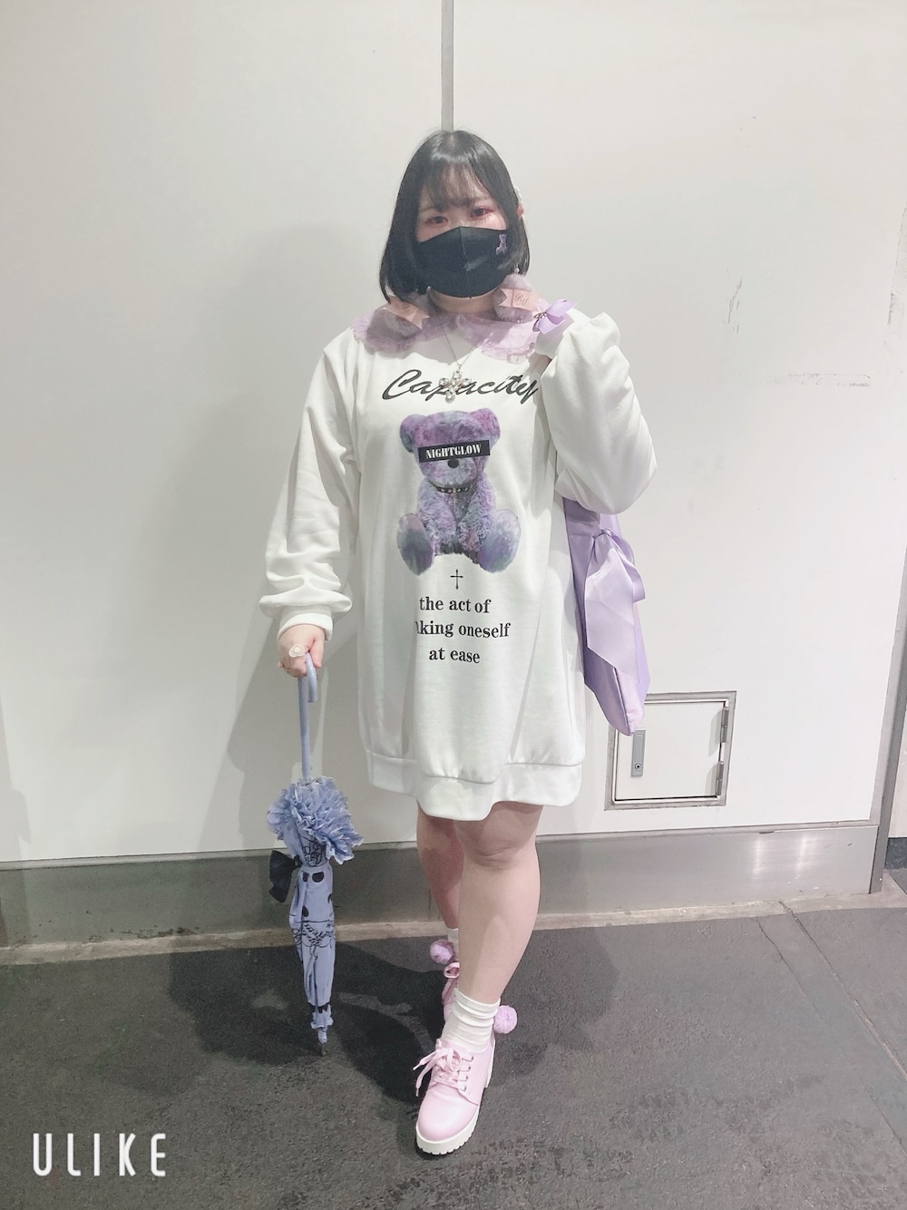 「病みかわいい、くま、ラベンダー」｜「しまむらのアイテム（ワンピース、ホワイト系）」を使った、しろうさぎさん（レディース・155cm）の春コーディネートの1枚目の写真