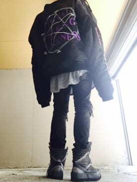 「vetements」｜「アイテム（ナイロンジャケット）」を使った、まぁ坊さん（メンズ・178cm）の冬コーディネート