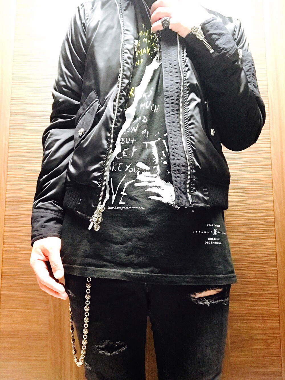 「Chrome Hearts、クロムハーツ、chromehearts、fear of god、minedenim、SidVicious、シドヴィシャス、MA-1、ボンバージャケット、マインデニム」｜「CHROME HEARTSのアイテム（リング、ブラック系）」を使った、まぁ坊さん（メンズ・178cm）の夏コーディネートの1枚目の写真
