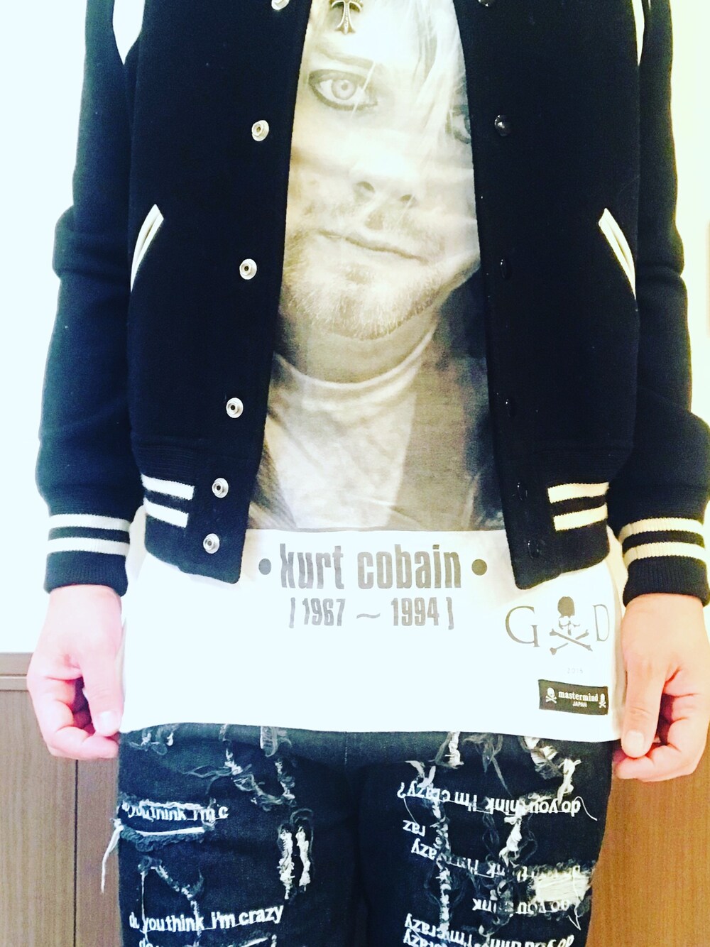 「Saint Laurent、fear of god、mastermind JAPAN、EVBRAVADO、サンローランパリ、マスターマインドジャパン、エブブラバド、おしゃれさんと繋がりたい、秋冬、Chrome Hearts」｜「SAINT LAURENT PARISのサンローランパリ
テディジャケット（スタジャン、ブラック系）」を使った、まぁ坊さん（メンズ・178cm）の秋コーディネートの1枚目の写真