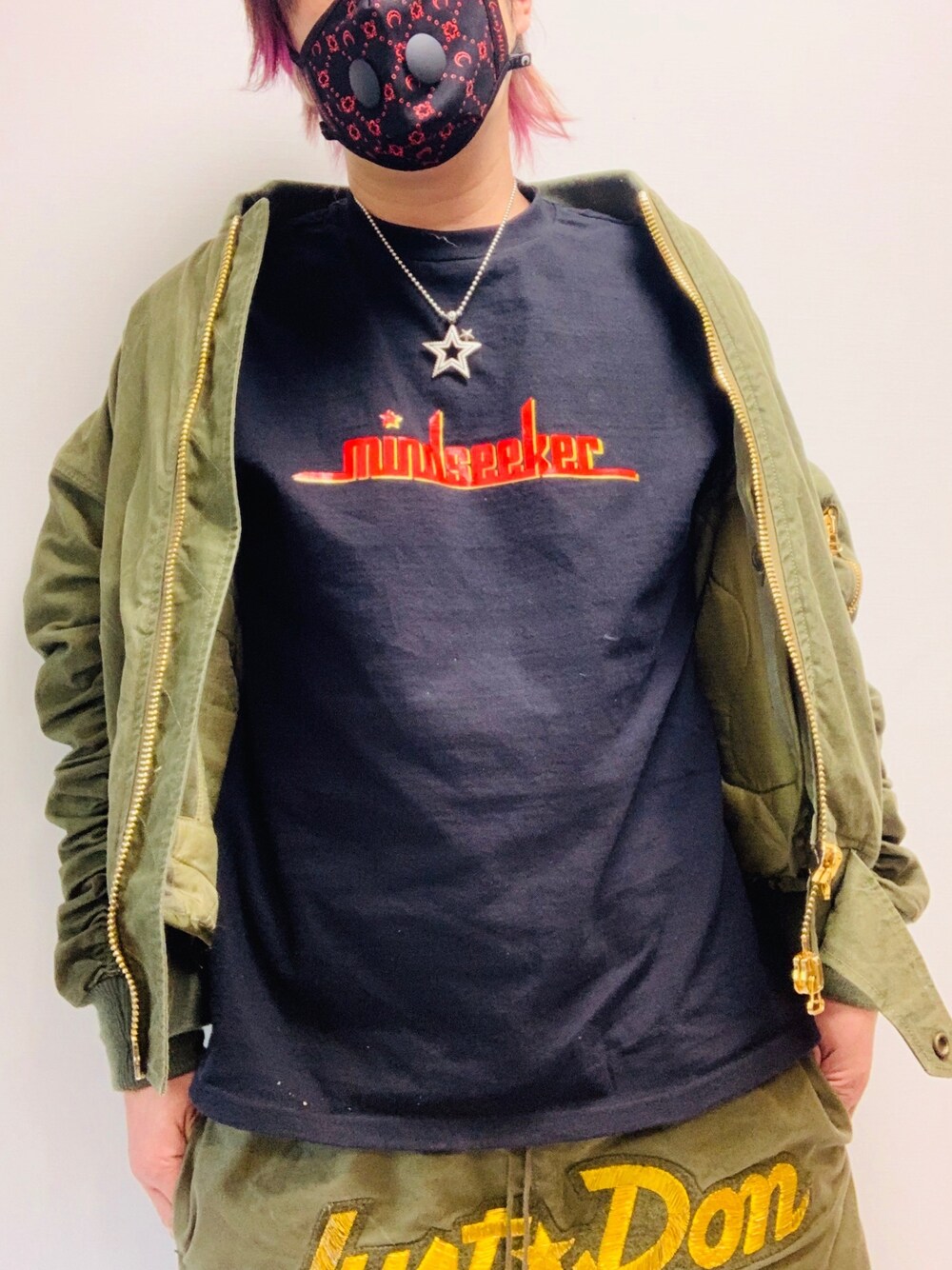 「READYMADE、readymade×justdon、readymade×fear of  god、fear of god、mindseeker、マインドシーカー、marine serre、マリーンセル、マスク、AIRDIOR」｜「marine serreのmarine serre （マスク、ブラック系）」を使った、まぁ坊さん（メンズ・178cm）の秋コーディネートの1枚目の写真