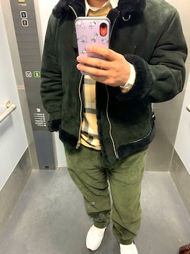 「no brand（ノーブランド）のアイテム（ムートンコート）」を使った、ケンさん（メンズ・168cm）の冬コーディネート