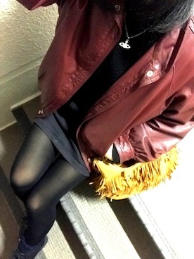 「ワインレッド」｜「アイテム（ライダースジャケット）」を使った、みさん（レディース・157cm）の秋コーディネート