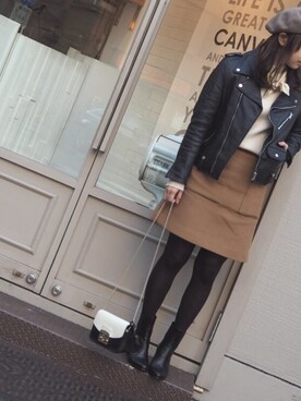 「MACPHEE（マカフィー）のアイテム（ライダースジャケット）」を使った、未来さん（レディース・154cm）の冬コーディネート