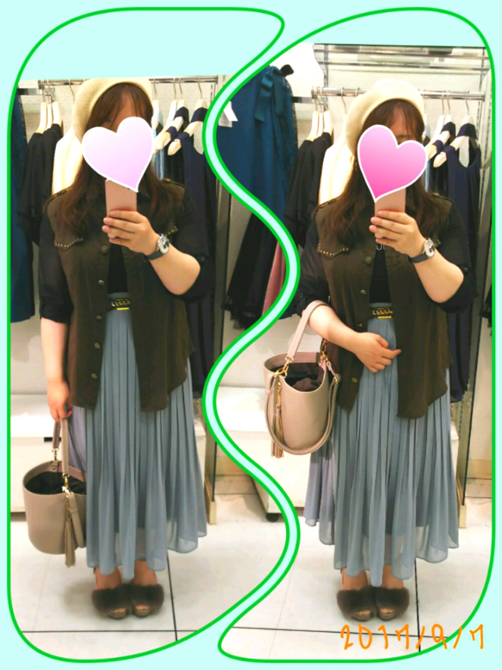 「カーキシャツ、プリーツスカート、ファーサンダル、ベレー帽」｜「UNIQLOのアイテム（スカート、ブルー系）」を使った、mihoさん（レディース・148cm）の秋コーディネートの1枚目の写真
