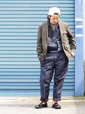 「セットアップ」｜「アイテム（つなぎ/オールインワン）」を使った、INDIGOさん（メンズ・171cm）の春コーディネート