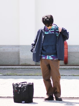 「White Mountaineering」｜「アイテム（ナイロンジャケット）」を使った、INDIGOさん（メンズ・183cm）の春コーディネート