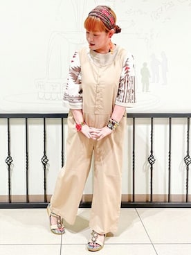 「チチカカ」｜「アイテム（オールインワン・サロペット）」を使った、チチカカさん（レディース・155cm）の夏コーディネート