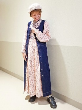 「デニムワンピース」｜「アイテム（ハンチング/ベレー帽）」を使った、チチカカさん（レディース・158cm）の秋コーディネート