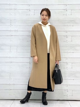 「レーススカート」｜「アイテム（ノーカラーコート）」を使った、yuuさん（レディース・165cm）の冬コーディネート