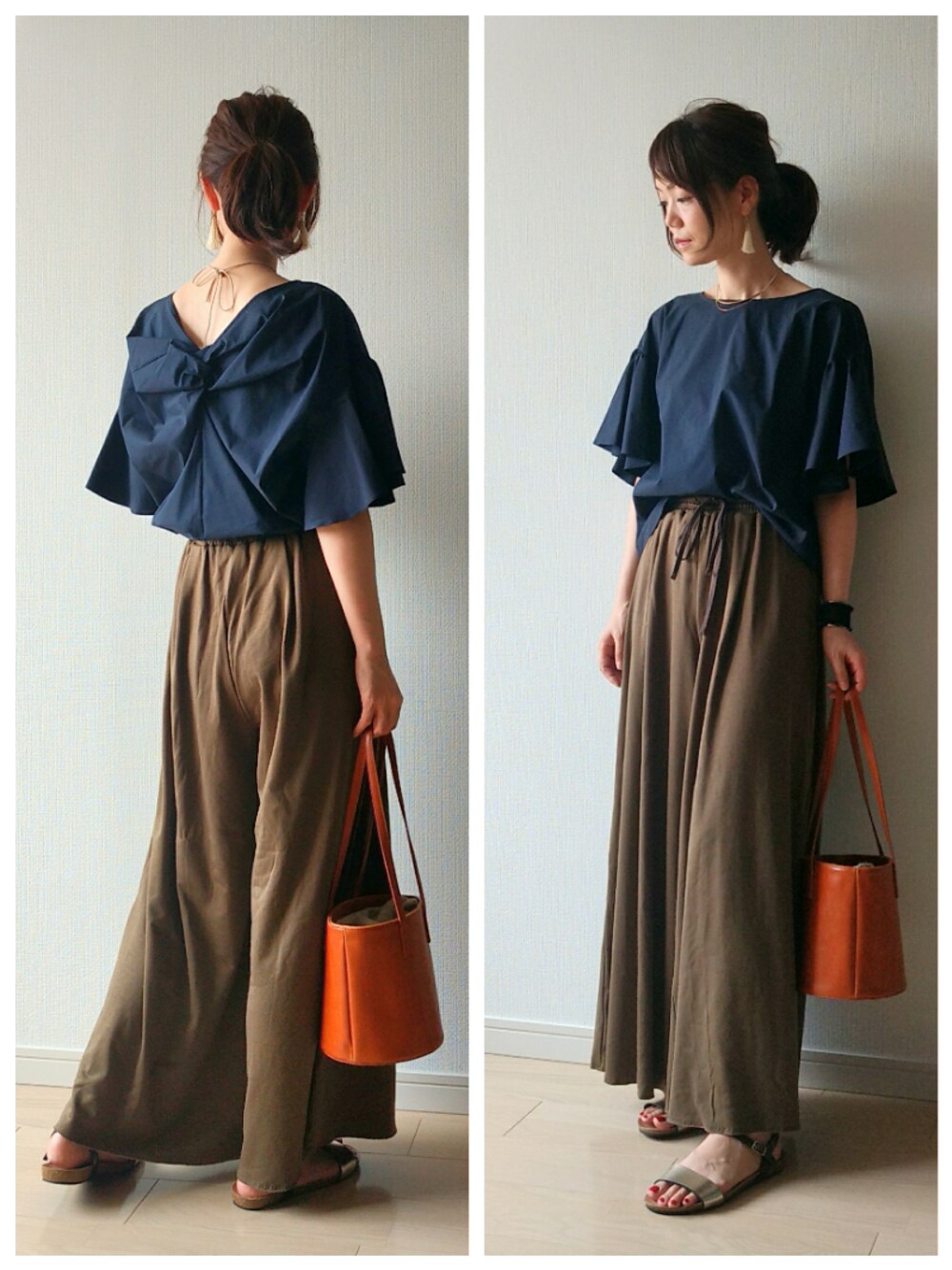 ブルー系のシャツ/ブラウス、グリーン系のその他パンツ、イエロー系のトートバッグを着用したレディースの夏コーディネートの1枚目の写真