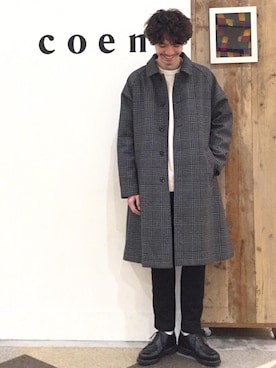 「coenスタッフスタイリング」｜「アイテム（ステンカラーコート）」を使った、coen  前田さん（メンズ・174cm）の秋コーディネート