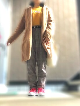 「マスタードイエロー」｜「アイテム（レッド系）」を使った、ｎａｎａｍｉさん（レディース・157cm）の冬コーディネート