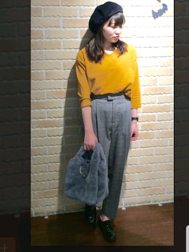 「マスタードイエロー」｜rieさん（レディース・156cm）の冬コーディネート