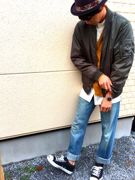 「HALB（ハルプ）のアイテム（帽子）」を使った、くりのはらたむらまろさん（メンズ・177cm）の春コーディネート