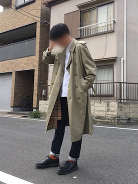 「ノーカラーシャツ」｜「アイテム（トレンチコート）」を使った、くりのはらたむらまろさん（メンズ・177cm）の夏コーディネート