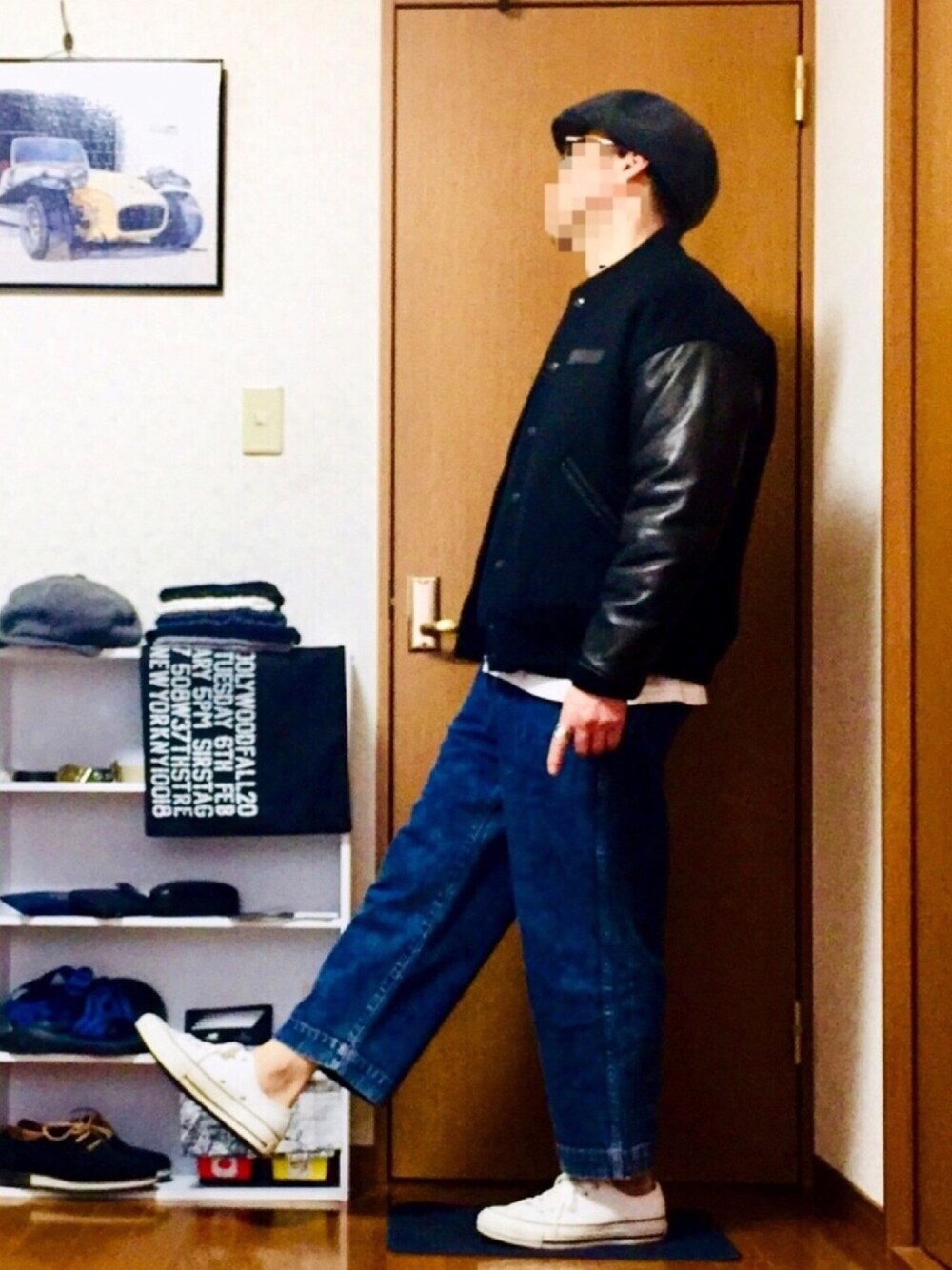 「冬コーデ、スタジャン、デニムパンツ、バギーパンツ、スニーカーコーデ、スウェット、今日のコーデ、おしゃれさんと繋がりたい、オトナカジュアル、大人カジュアル」｜「RACALのアイテム（ハンチング/ベレー帽、グレー系）」を使った、⭐︎満運⭐︎さん（メンズ・173cm）の冬コーディネートの1枚目の写真