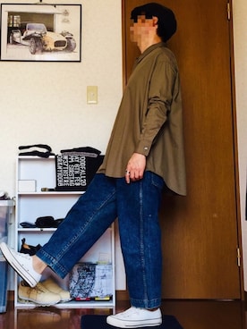 「ビッグシャツ」｜「アイテム（ハンチング/ベレー帽）」を使った、⭐︎満運⭐︎さん（メンズ・173cm）の秋コーディネート