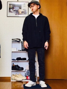 「プルオーバーパーカー」｜「アイテム（ハンチング/ベレー帽）」を使った、⭐︎満運⭐︎さん（メンズ・173cm）の秋コーディネート