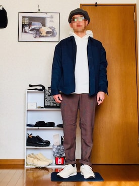 「ビッグシャツ」｜「アイテム（ハンチング/ベレー帽）」を使った、⭐︎満運⭐︎さん（メンズ・173cm）の冬コーディネート