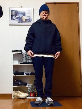 「N.HOOLYWOOD（N.ハリウッド）のアイテム（ニットキャップ/ビーニー）」を使った、⭐︎満運⭐︎さん（メンズ・173cm）の冬コーディネート