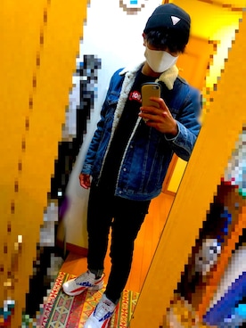 「Guess（ゲス）のアイテム（ニットキャップ/ビーニー）」を使った、　マスオさん（メンズ・168cm）の冬コーディネート