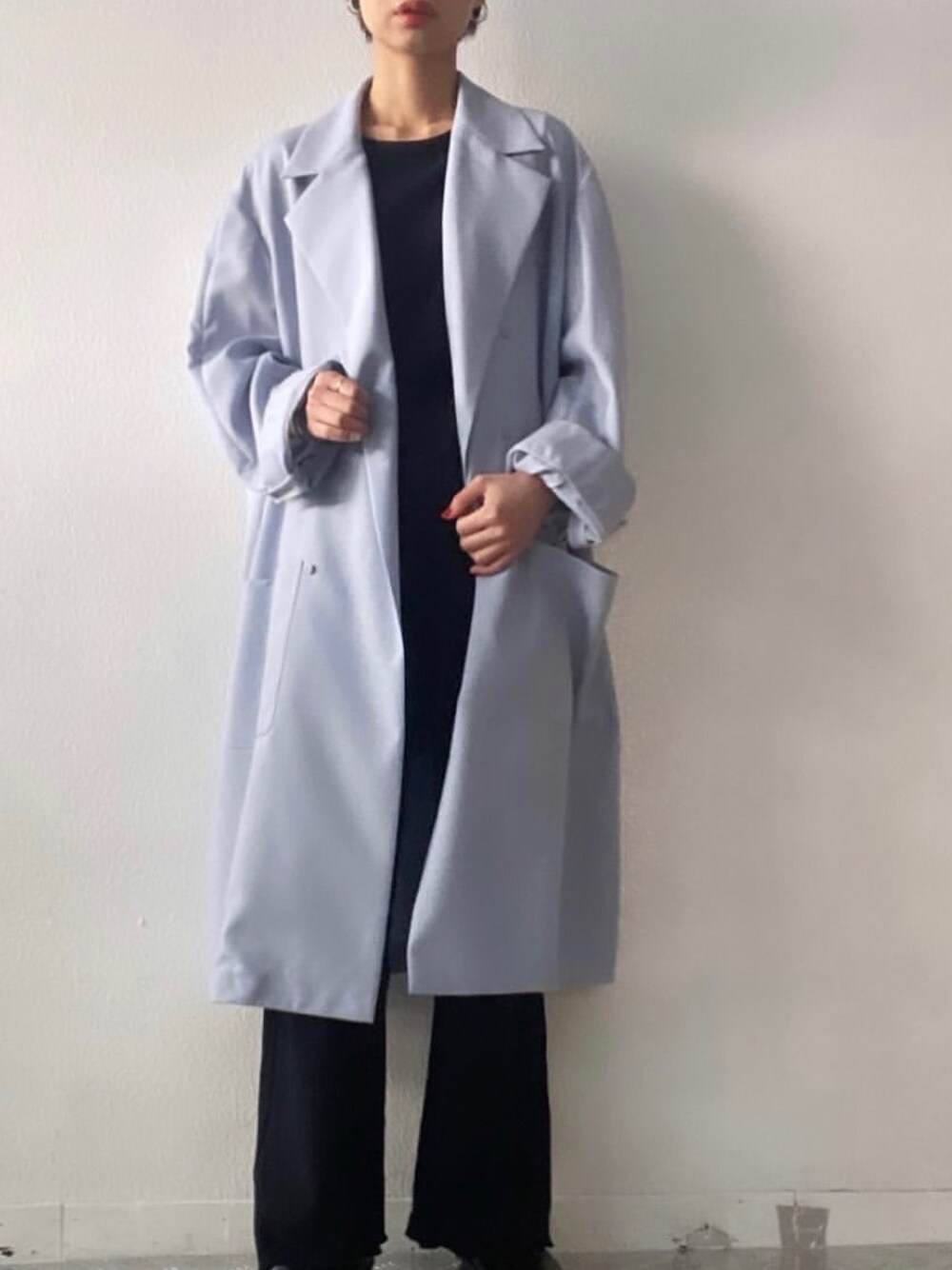 「tactac」｜「tac:tacの期間限定【tac:tac】タクタク UN(I)FORM - Double coat（チェスターコート、ブルー系）」を使った、kafukamomoさん（レディース・167cm）の春コーディネートの1枚目の写真