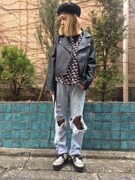 「リメイクデニム」｜「アイテム（帽子）」を使った、ミクポンさん（レディース・160cm）の冬コーディネート