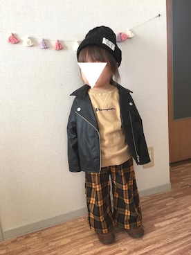 「アイテム（ライダースジャケット）」を使った、miiさん（キッズ・90cm）の秋コーディネート