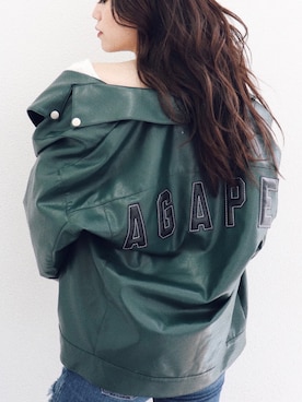 「アイテム（ライダースジャケット、グリーン系）」を使った、moeさん（レディース・160cm）の秋コーディネート