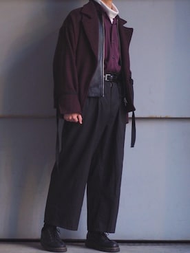 「ワインレッド」｜「アイテム（ライダースジャケット）」を使った、きったさん（メンズ・175cm）の冬コーディネート