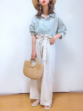 「リネンシャツ」｜「アイテム（セットアップ）」を使った、kuuuuraさん（レディース・158cm）の夏コーディネート