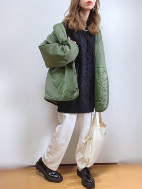 「ケーブルニット」｜「アイテム（ノーカラージャケット）」を使った、kuuuuraさん（レディース・158cm）の秋コーディネート