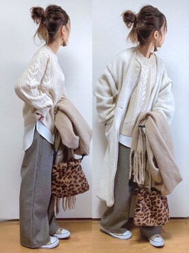 「ケーブルニット」｜「アイテム（ムートンコート）」を使った、kuuuuraさん（レディース・158cm）の冬コーディネート