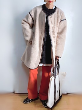 「ケーブルニット」｜「アイテム（ノーカラージャケット）」を使った、kuuuuraさん（レディース・158cm）の冬コーディネート