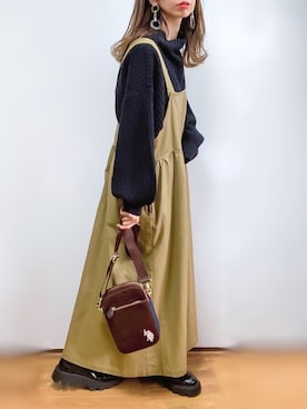 「ケーブルニット」｜「アイテム（ジャンパースカート）」を使った、kuuuuraさん（レディース・158cm）の冬コーディネート