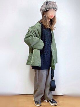 「ケーブルニット」｜「アイテム（ノーカラージャケット）」を使った、kuuuuraさん（レディース・158cm）の冬コーディネート
