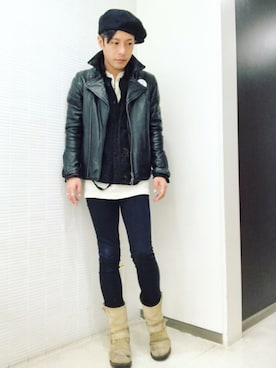 「グランジ」｜「アイテム（ライダースジャケット）」を使った、まーぶるさん（メンズ・170cm）の冬コーディネート