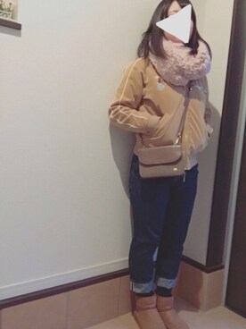 「Heather（ヘザー）のフェイクファースヌード16　733172（ストール/ショール、ピンク系）」を使った、きっちゃんさん（レディース・157cm）の冬コーディネート