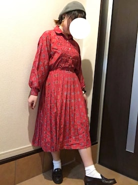 「古着ワンピース」｜「アイテム（ハンチング/ベレー帽）」を使った、きっちゃんさん（レディース・157cm）の春コーディネート