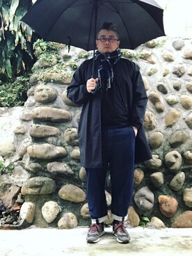 「new balance _ 1300のアイテム（スニーカー、ブルー系）」を使った、Bさん（メンズ・172cm）の冬コーディネート
