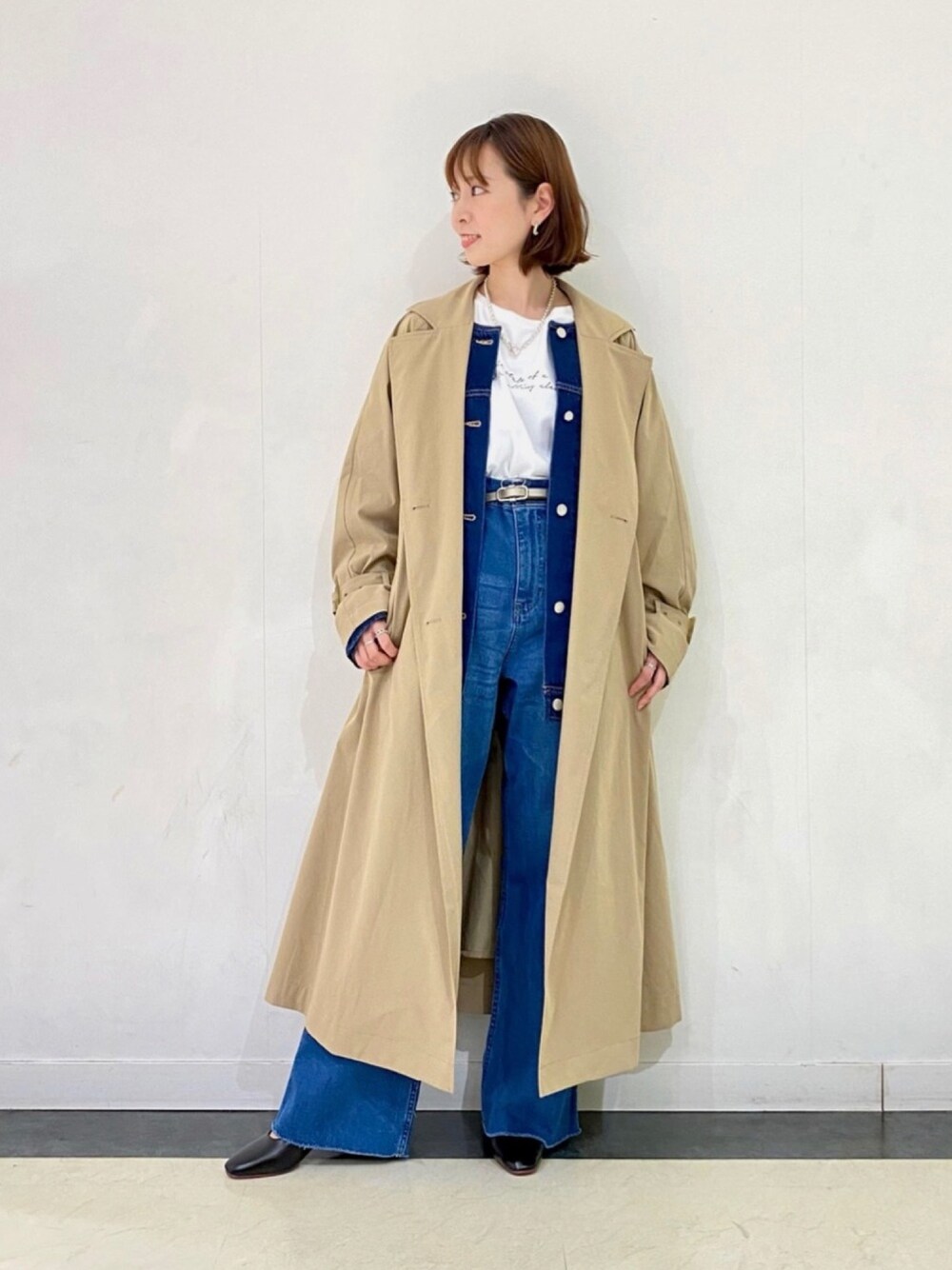 「春コーデ、休日コーデ、低身長、おしゃれさんと繋がりたい、レイヤードスタイル、デニム、セットアップ、きれいめカジュアル、プチプラ、シンプル」｜「HAREのショートマンテルネックレス(HARE)（ネックレス、シルバー系）」を使った、izuminさん（レディース・155cm）の春コーディネートの1枚目の写真